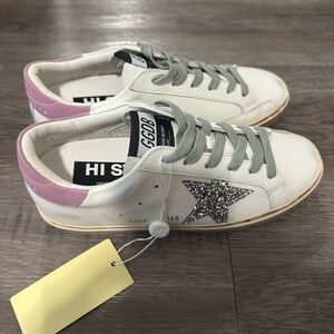 Golden Goose Pink and White Hi Star Sneakers